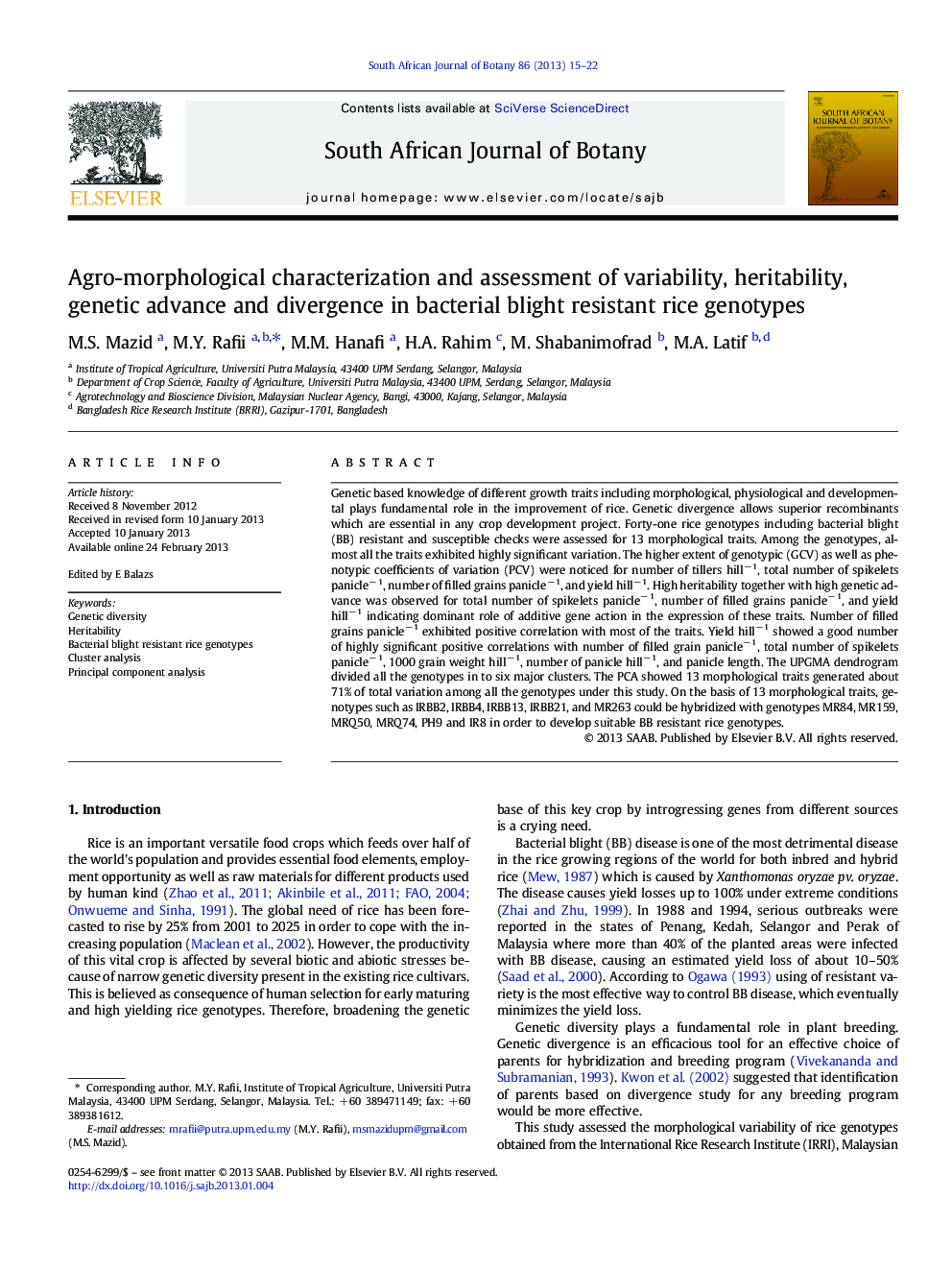 Agro-morphological characterization and assessment of variability, heritability, genetic advance and divergence in bacterial blight resistant rice genotypes