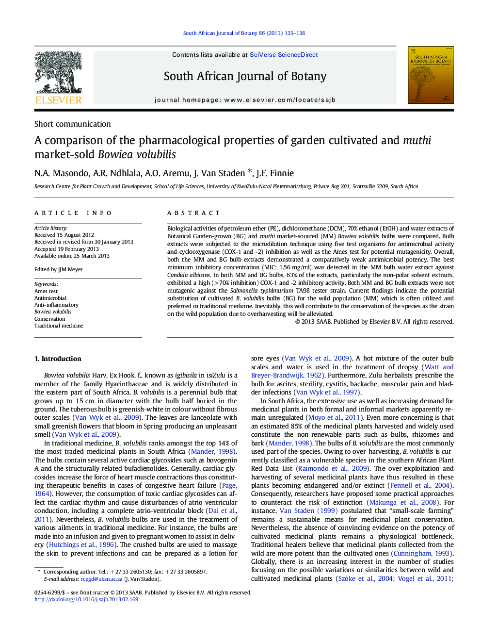 A comparison of the pharmacological properties of garden cultivated and muthi market-sold Bowiea volubilis