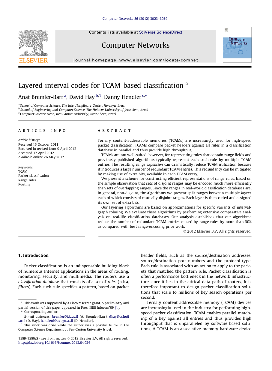 Layered interval codes for TCAM-based classification 