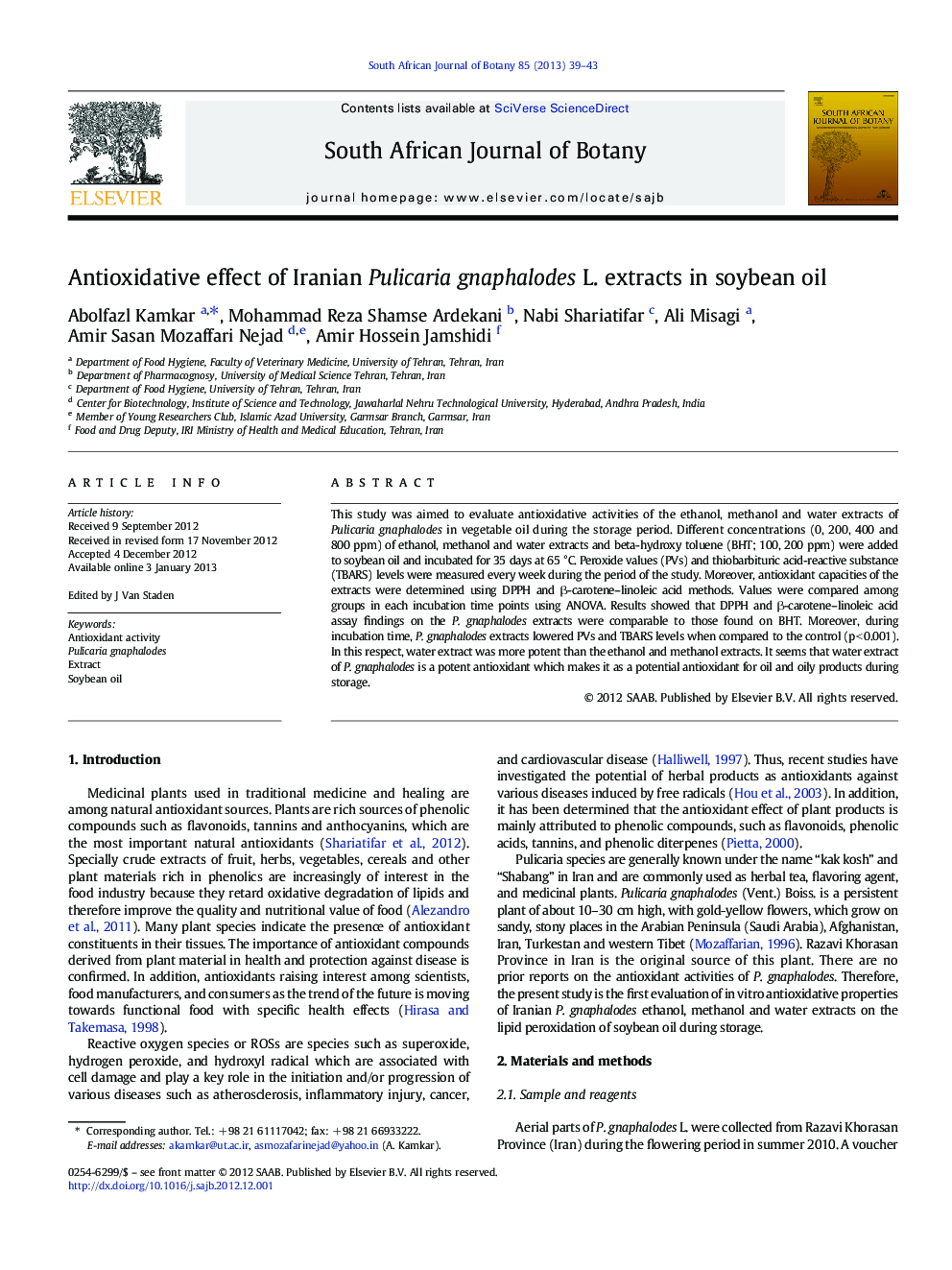 Antioxidative effect of Iranian Pulicaria gnaphalodes L. extracts in soybean oil