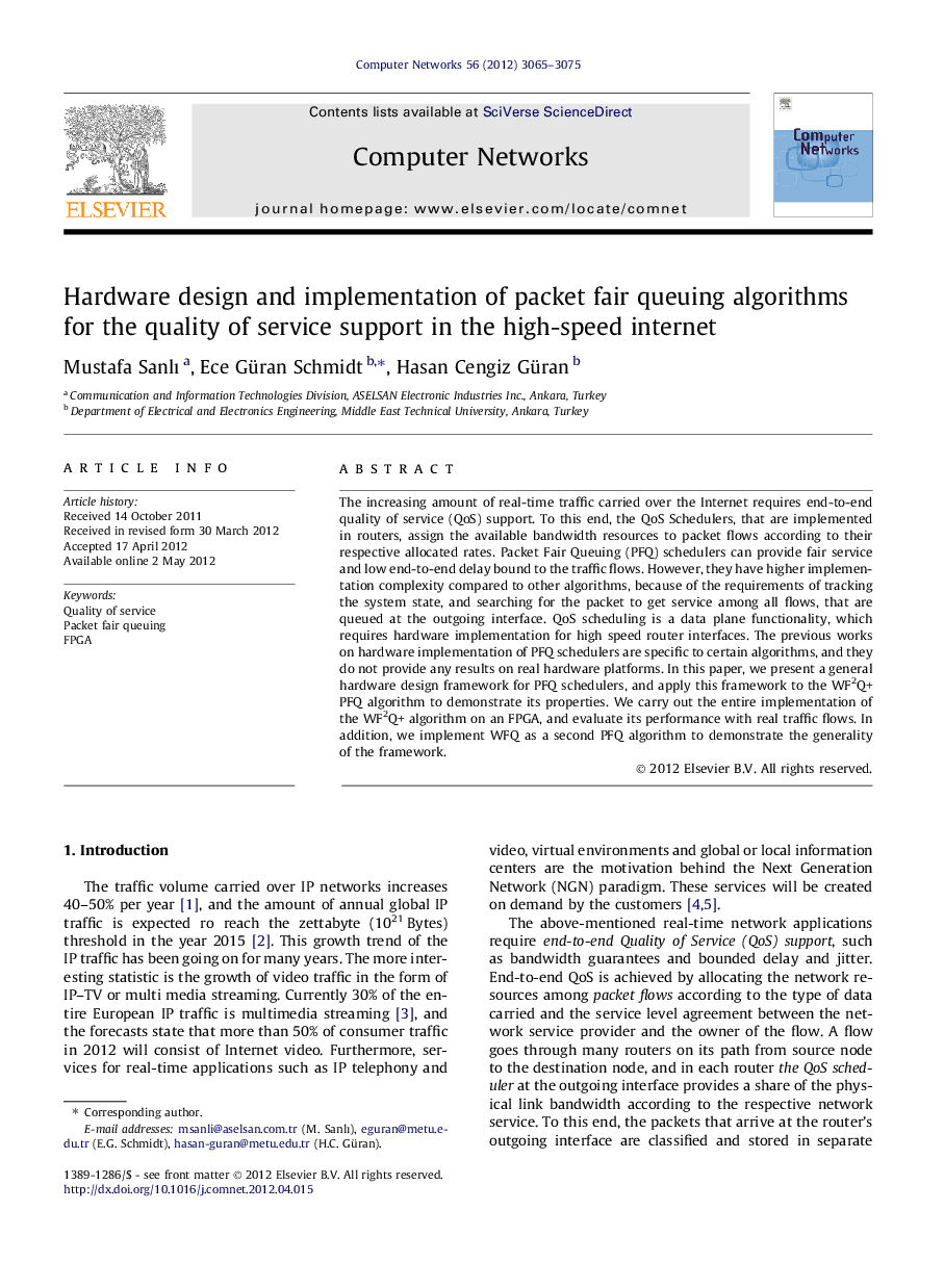 Hardware design and implementation of packet fair queuing algorithms for the quality of service support in the high-speed internet