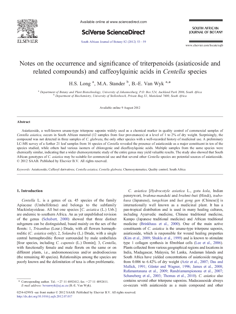 Notes on the occurrence and significance of triterpenoids (asiaticoside and related compounds) and caffeoylquinic acids in Centella species