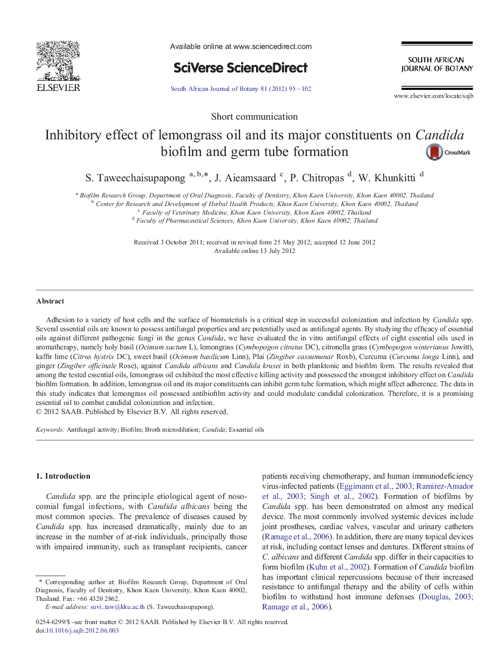 Inhibitory effect of lemongrass oil and its major constituents on Candida biofilm and germ tube formation