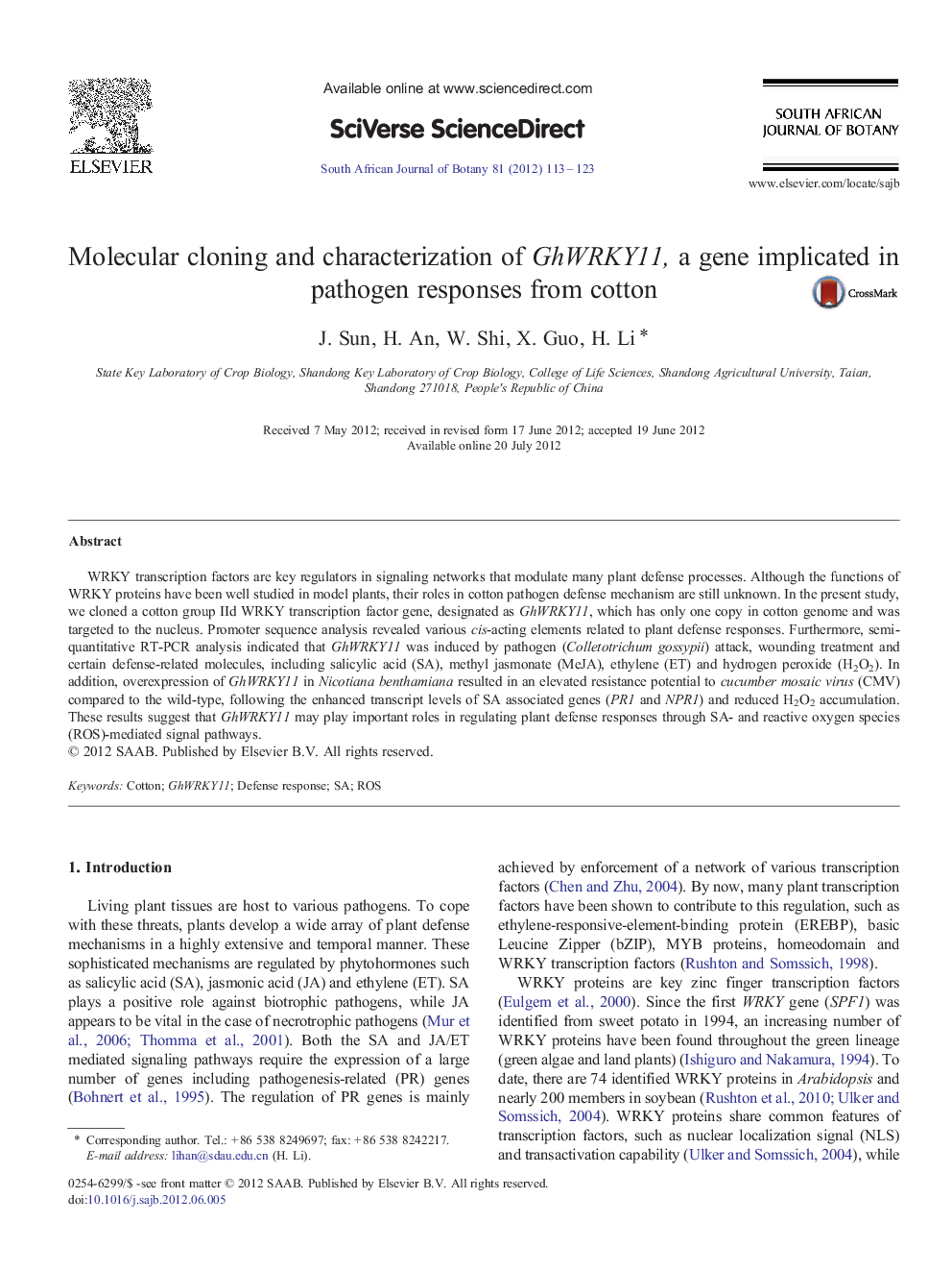 Molecular cloning and characterization of GhWRKY11, a gene implicated in pathogen responses from cotton