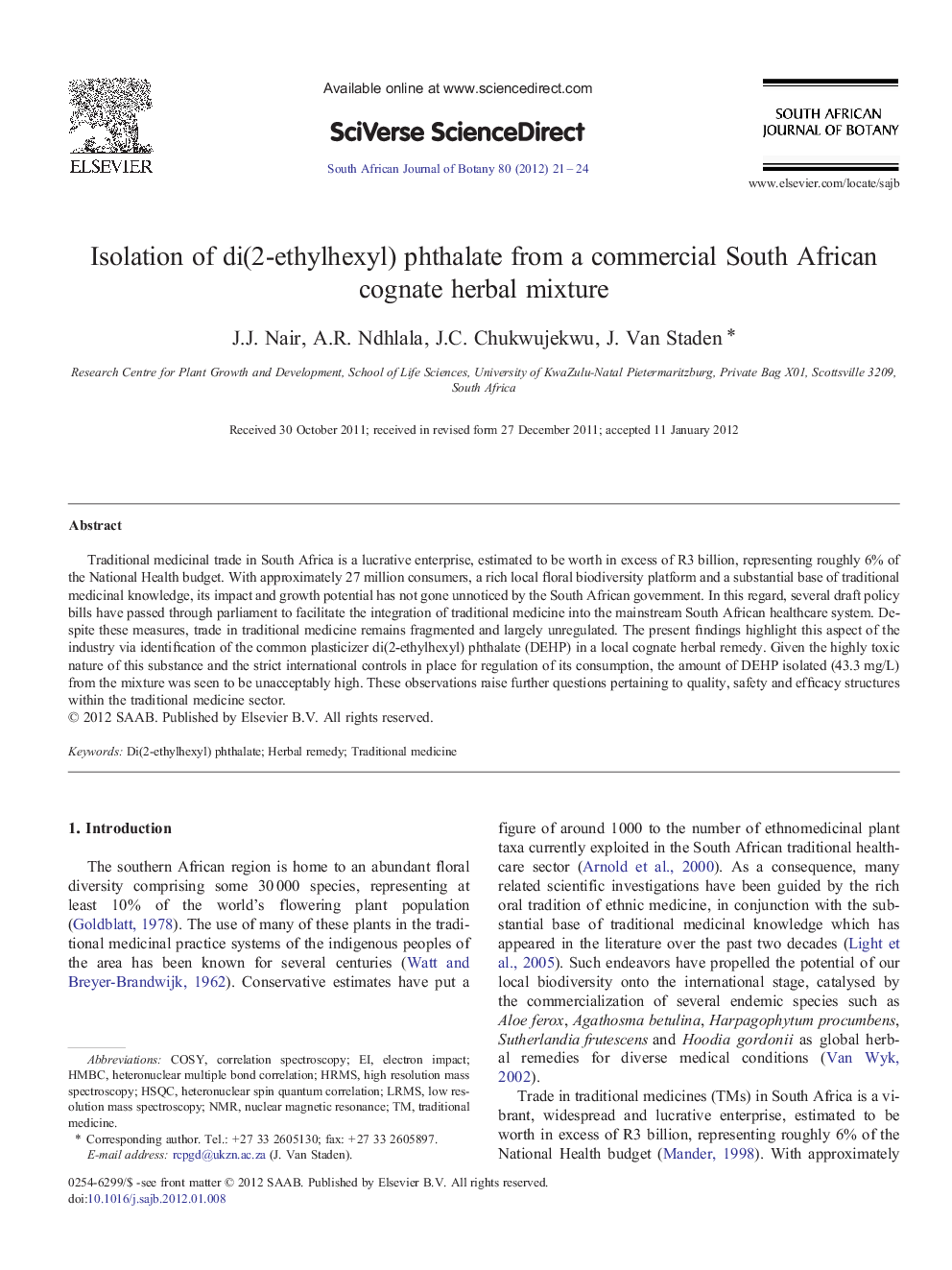 Isolation of di(2-ethylhexyl) phthalate from a commercial South African cognate herbal mixture