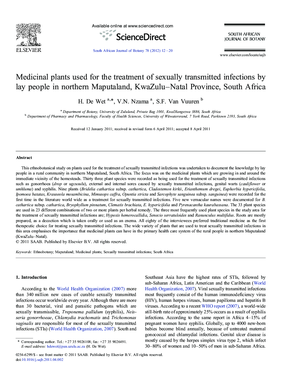 Medicinal plants used for the treatment of sexually transmitted infections by lay people in northern Maputaland, KwaZulu–Natal Province, South Africa