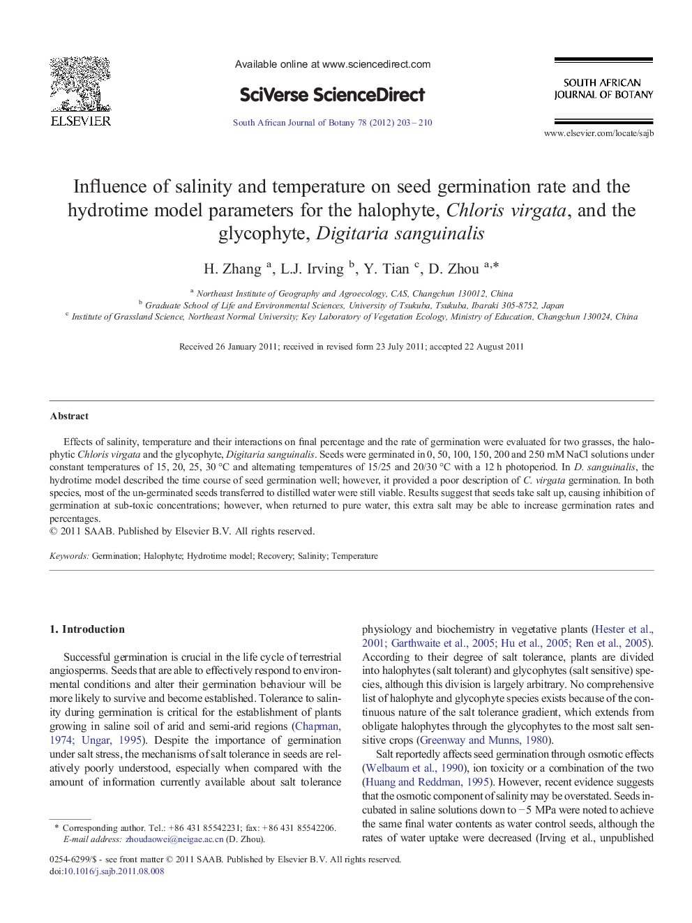 Influence of salinity and temperature on seed germination rate and the hydrotime model parameters for the halophyte, Chloris virgata, and the glycophyte, Digitaria sanguinalis