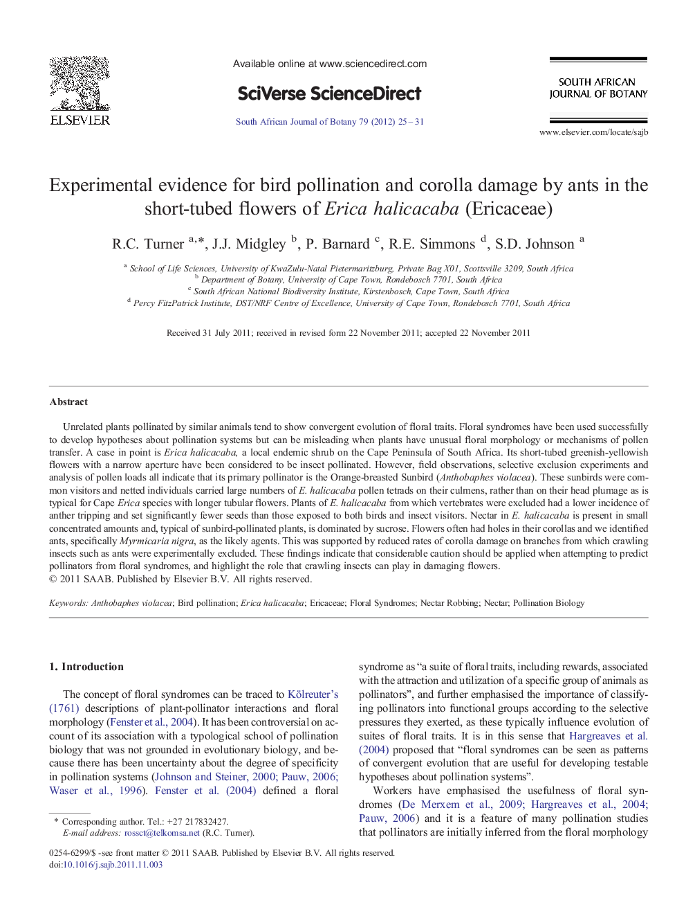 Experimental evidence for bird pollination and corolla damage by ants in the short-tubed flowers of Erica halicacaba (Ericaceae)