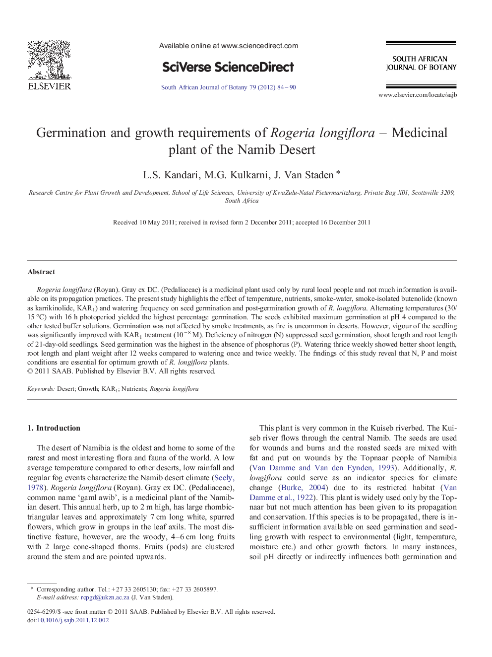 Germination and growth requirements of Rogeria longiflora – Medicinal plant of the Namib Desert