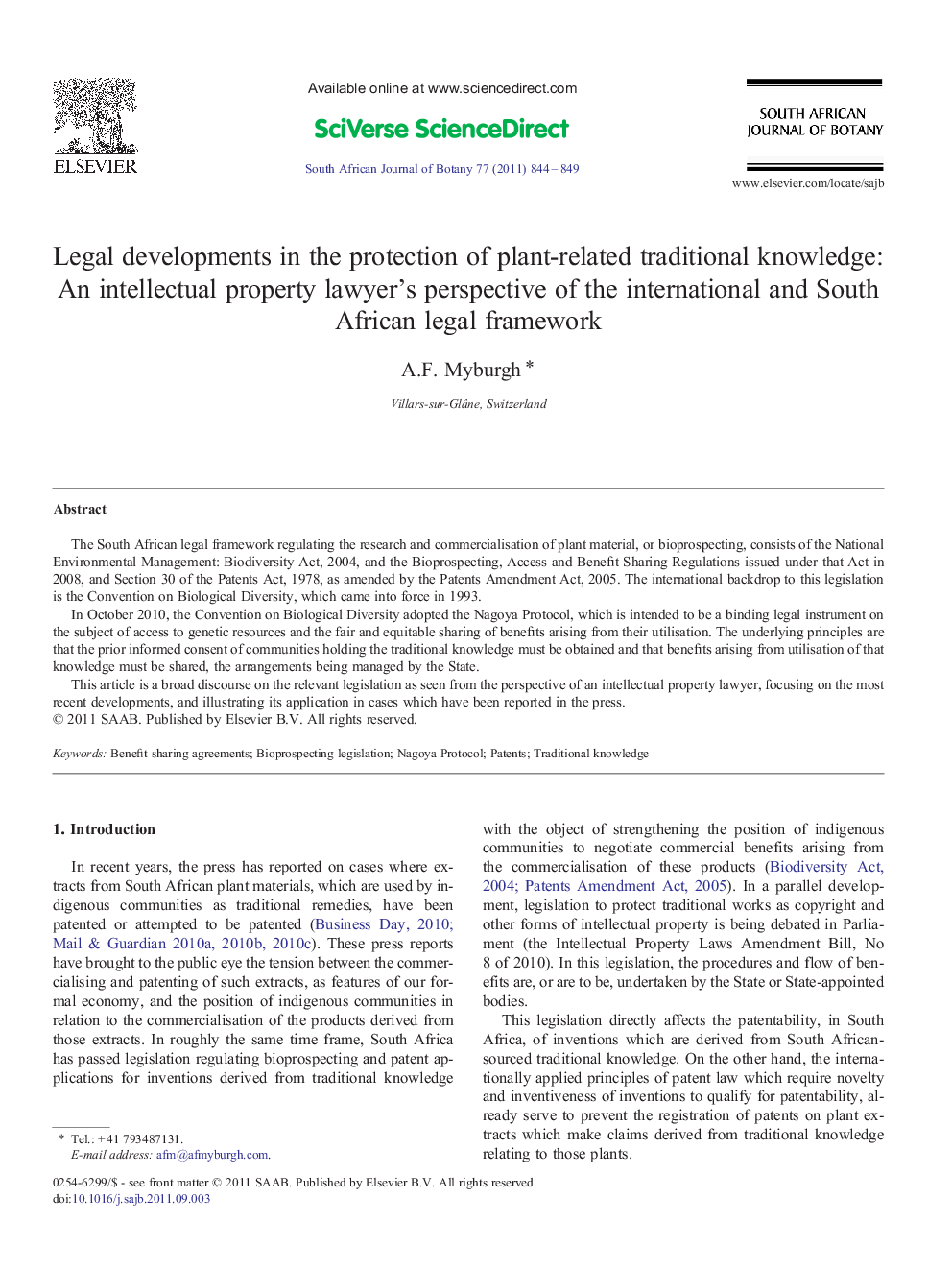 Legal developments in the protection of plant-related traditional knowledge: An intellectual property lawyer's perspective of the international and South African legal framework