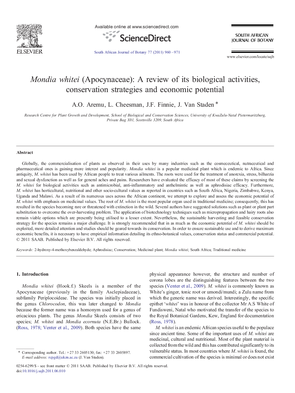 Mondia whitei (Apocynaceae): A review of its biological activities, conservation strategies and economic potential