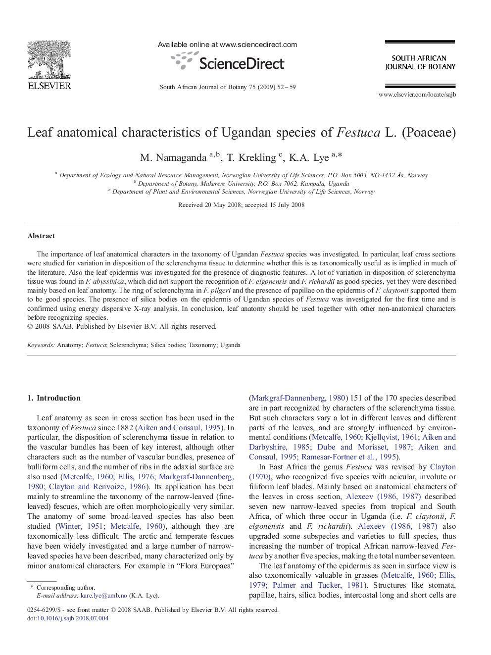 Leaf anatomical characteristics of Ugandan species of Festuca L. (Poaceae)