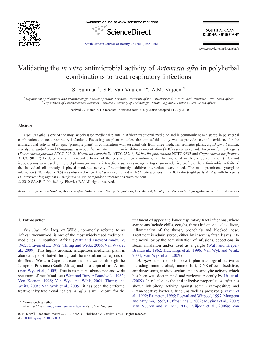 Validating the in vitro antimicrobial activity of Artemisia afra in polyherbal combinations to treat respiratory infections