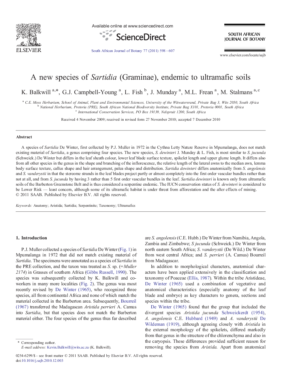 A new species of Sartidia (Graminae), endemic to ultramafic soils