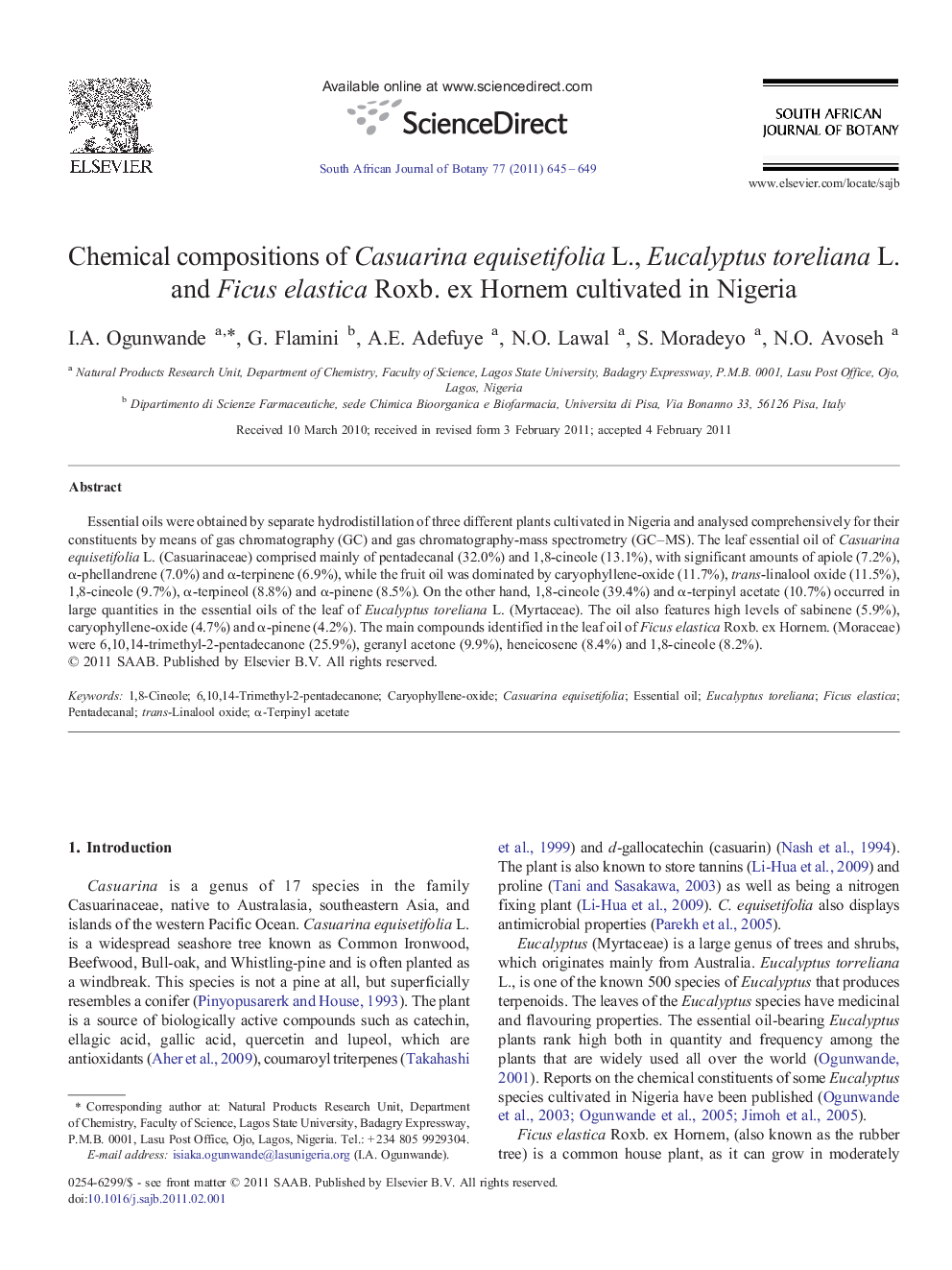 Chemical compositions of Casuarina equisetifolia L., Eucalyptus toreliana L. and Ficus elastica Roxb. ex Hornem cultivated in Nigeria