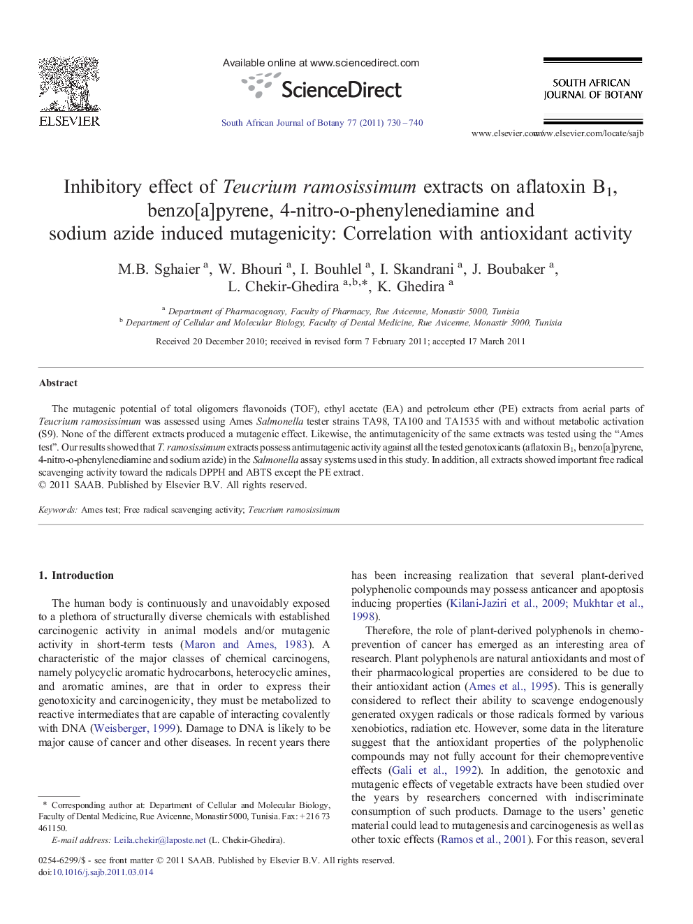 Inhibitory effect of Teucrium ramosissimum extracts on aflatoxin B1, benzo[a]pyrene, 4-nitro-o-phenylenediamine and sodium azide induced mutagenicity: Correlation with antioxidant activity