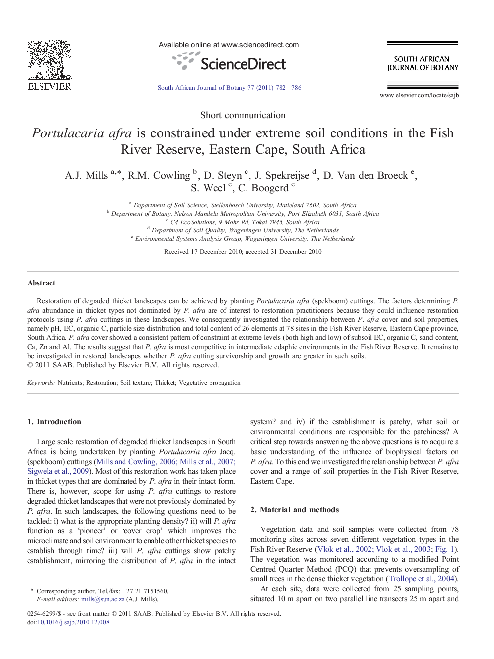 Portulacaria afra is constrained under extreme soil conditions in the Fish River Reserve, Eastern Cape, South Africa