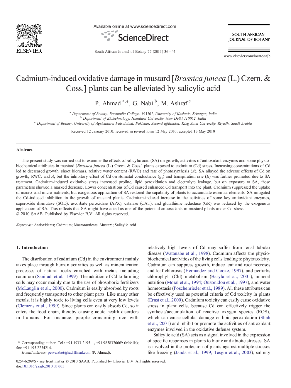 Cadmium-induced oxidative damage in mustard [Brassica juncea (L.) Czern. & Coss.] plants can be alleviated by salicylic acid