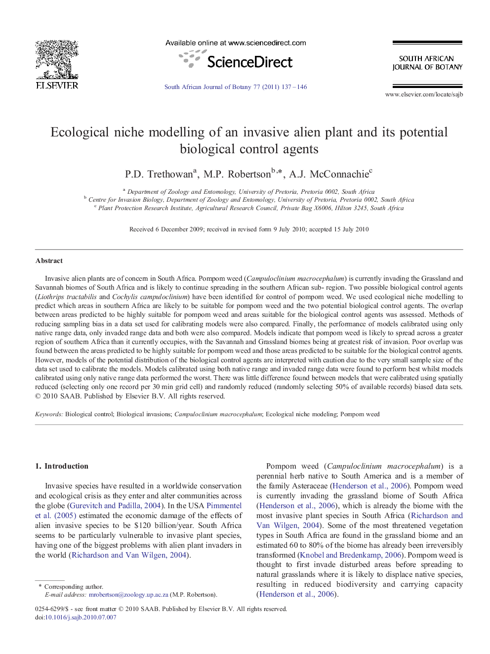 Ecological niche modelling of an invasive alien plant and its potential biological control agents