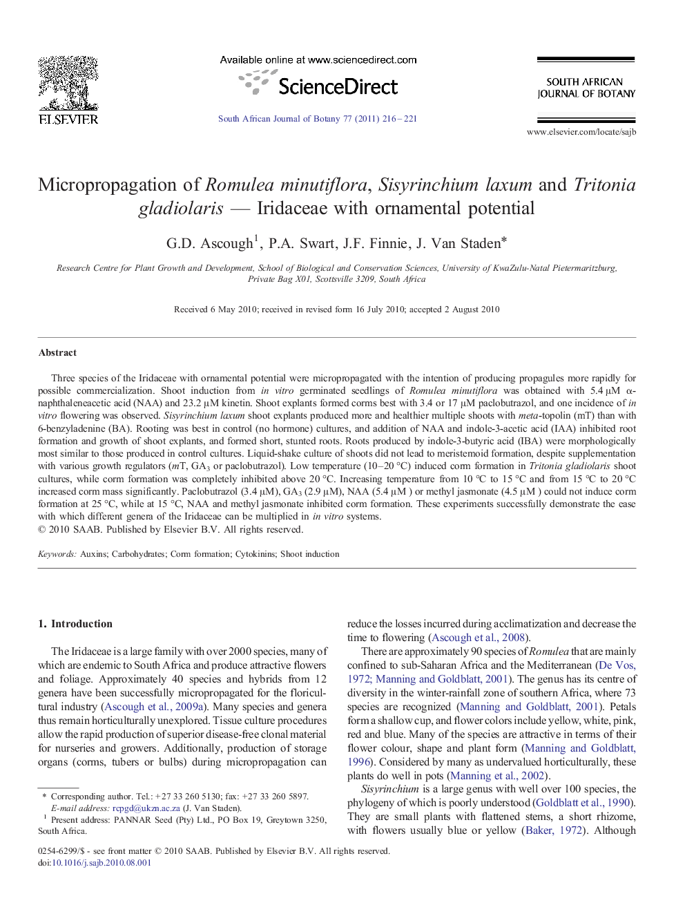 Micropropagation of Romulea minutiflora, Sisyrinchium laxum and Tritonia gladiolaris - Iridaceae with ornamental potential