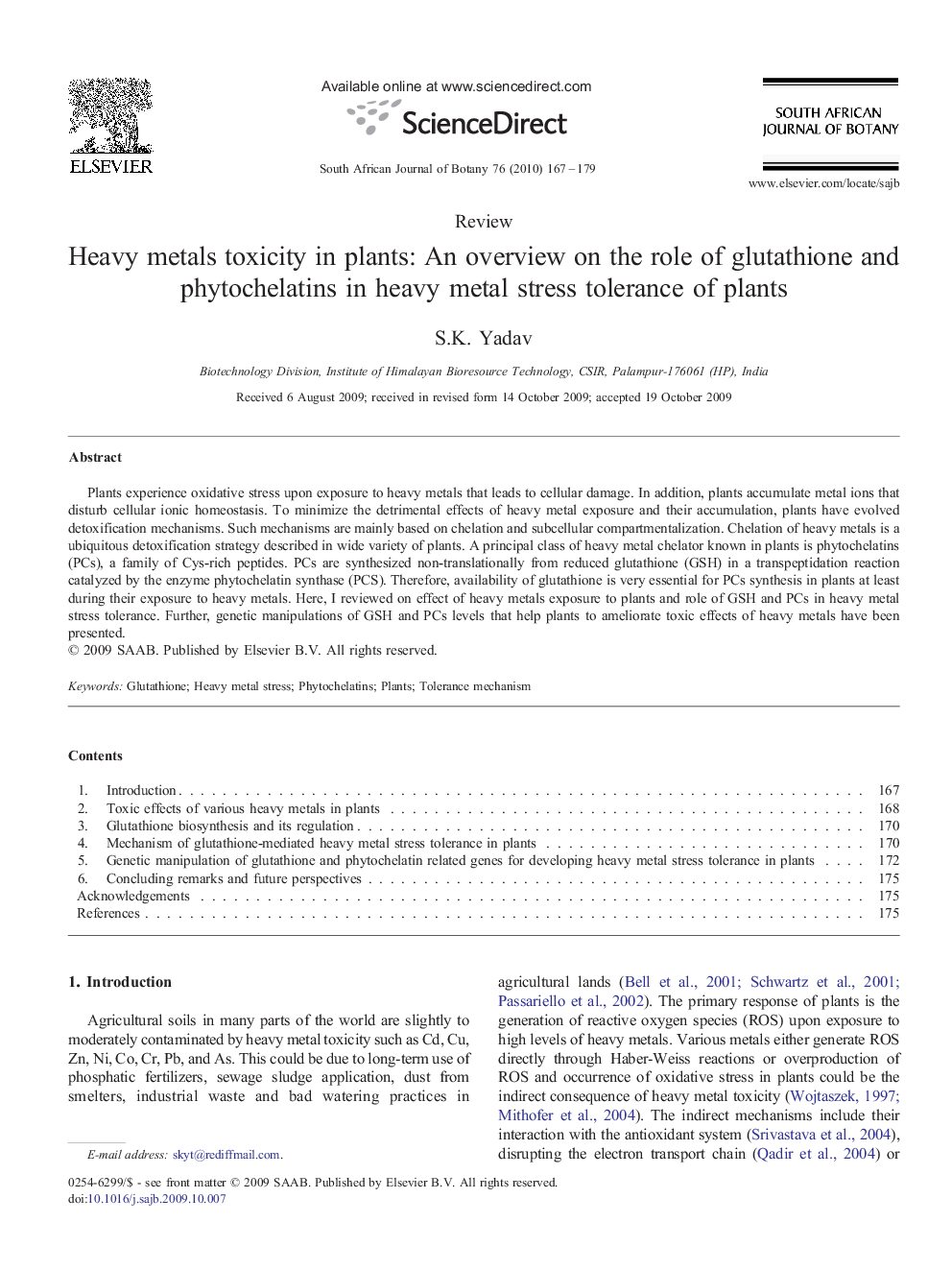 Heavy metals toxicity in plants: An overview on the role of glutathione and phytochelatins in heavy metal stress tolerance of plants