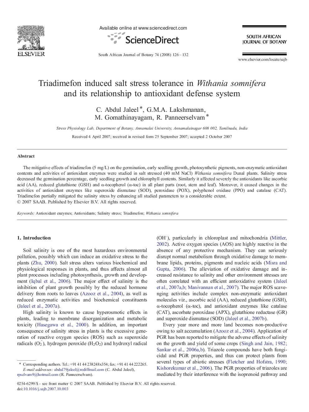 Triadimefon induced salt stress tolerance in Withania somnifera and its relationship to antioxidant defense system