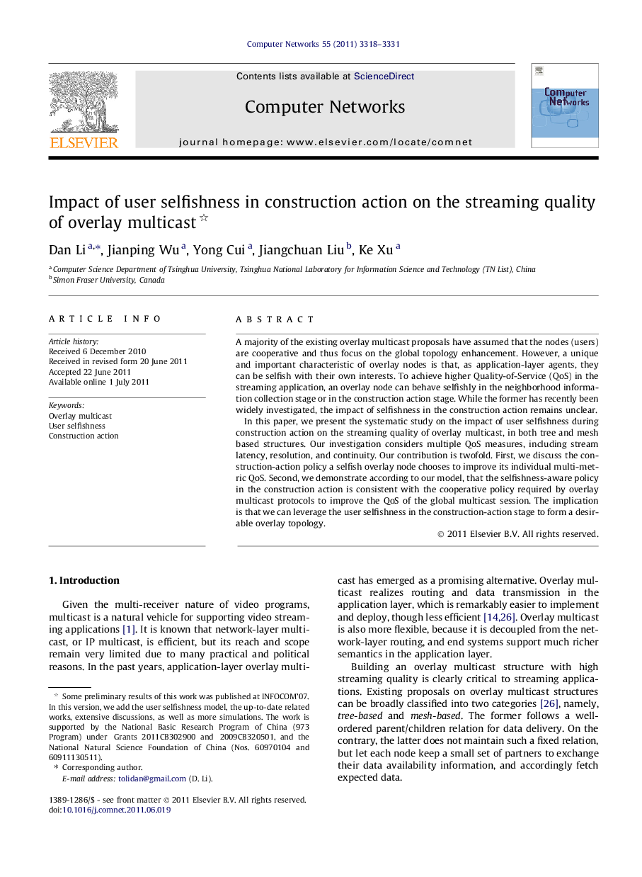 Impact of user selfishness in construction action on the streaming quality of overlay multicast 