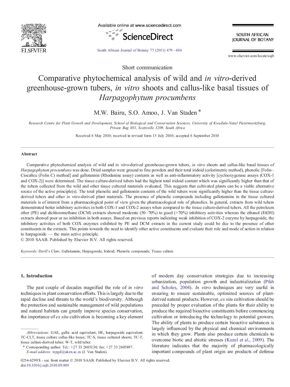 Comparative phytochemical analysis of wild and in vitro-derived greenhouse-grown tubers, in vitro shoots and callus-like basal tissues of Harpagophytum procumbens