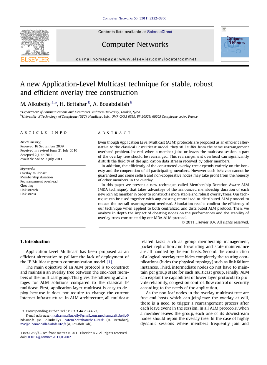 A new Application-Level Multicast technique for stable, robust and efficient overlay tree construction