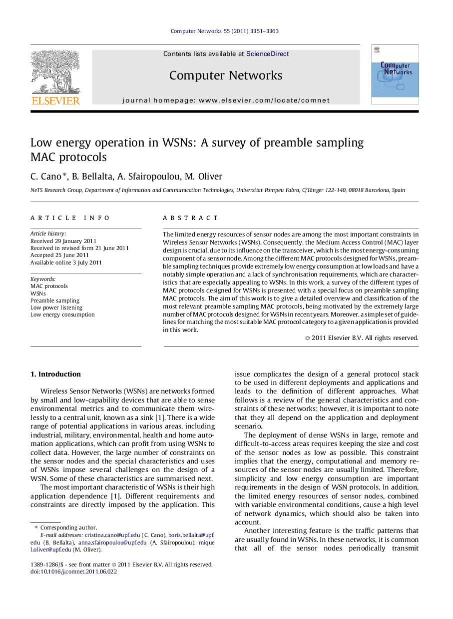 Low energy operation in WSNs: A survey of preamble sampling MAC protocols