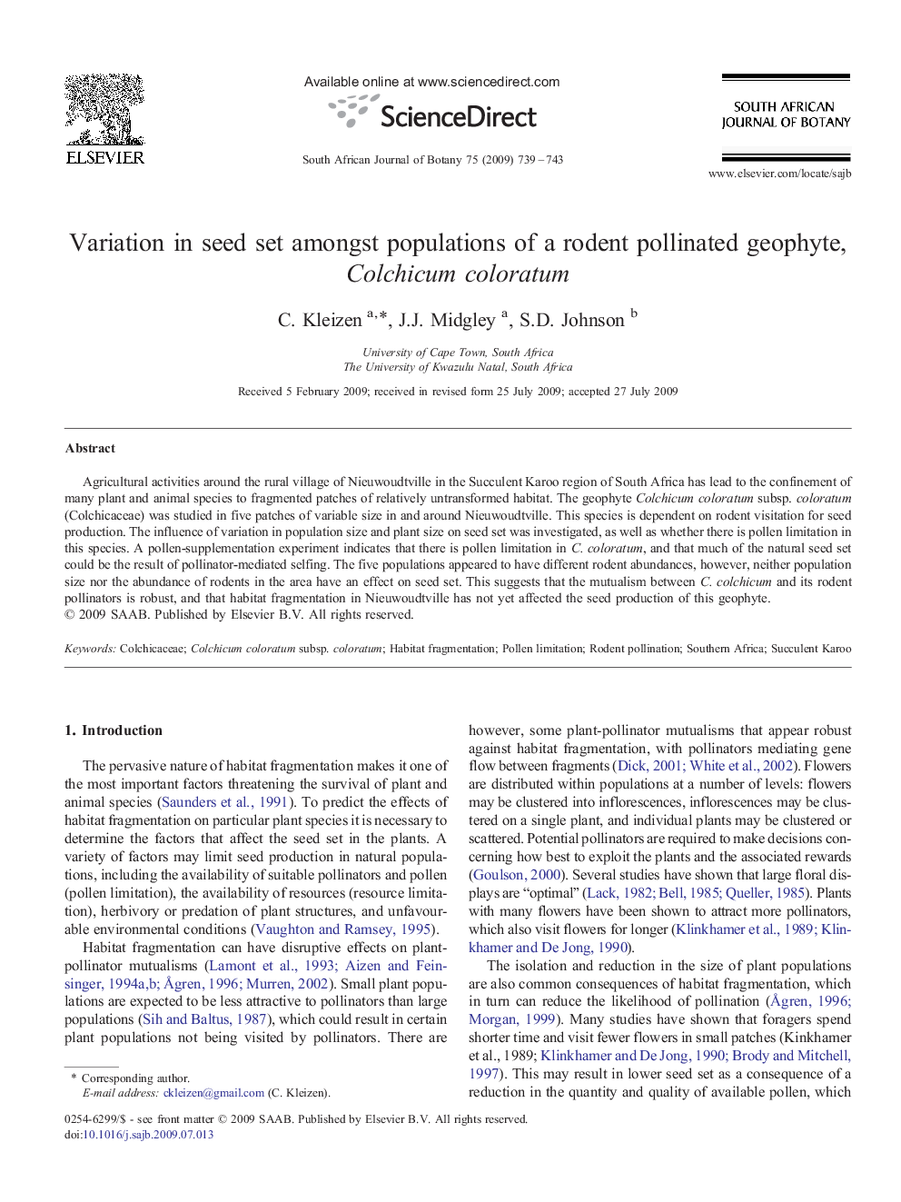 Variation in seed set amongst populations of a rodent pollinated geophyte, Colchicum coloratum