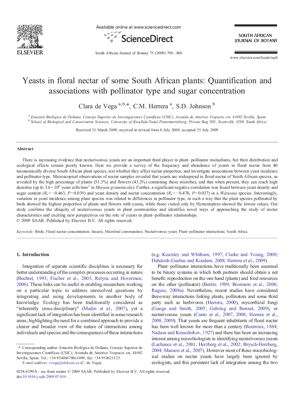 Yeasts in floral nectar of some South African plants: Quantification and associations with pollinator type and sugar concentration