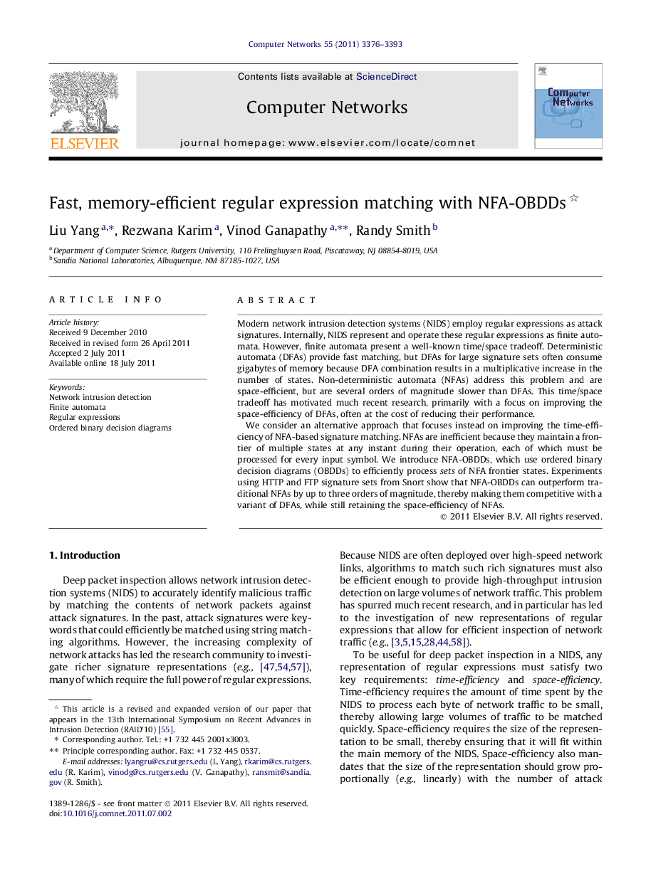 Fast, memory-efficient regular expression matching with NFA-OBDDs 