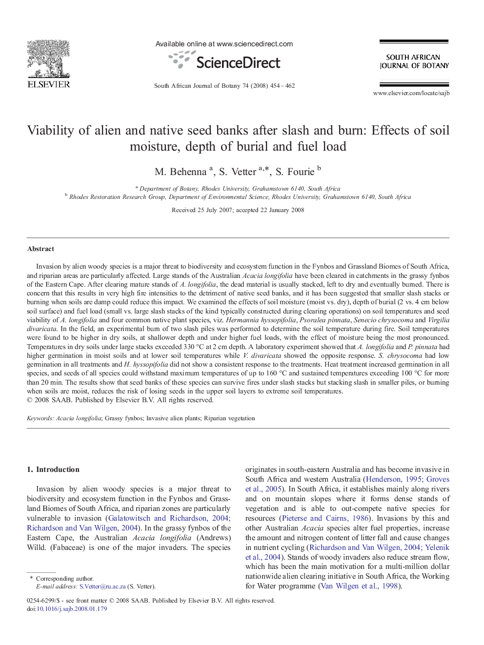 Viability of alien and native seed banks after slash and burn: Effects of soil moisture, depth of burial and fuel load