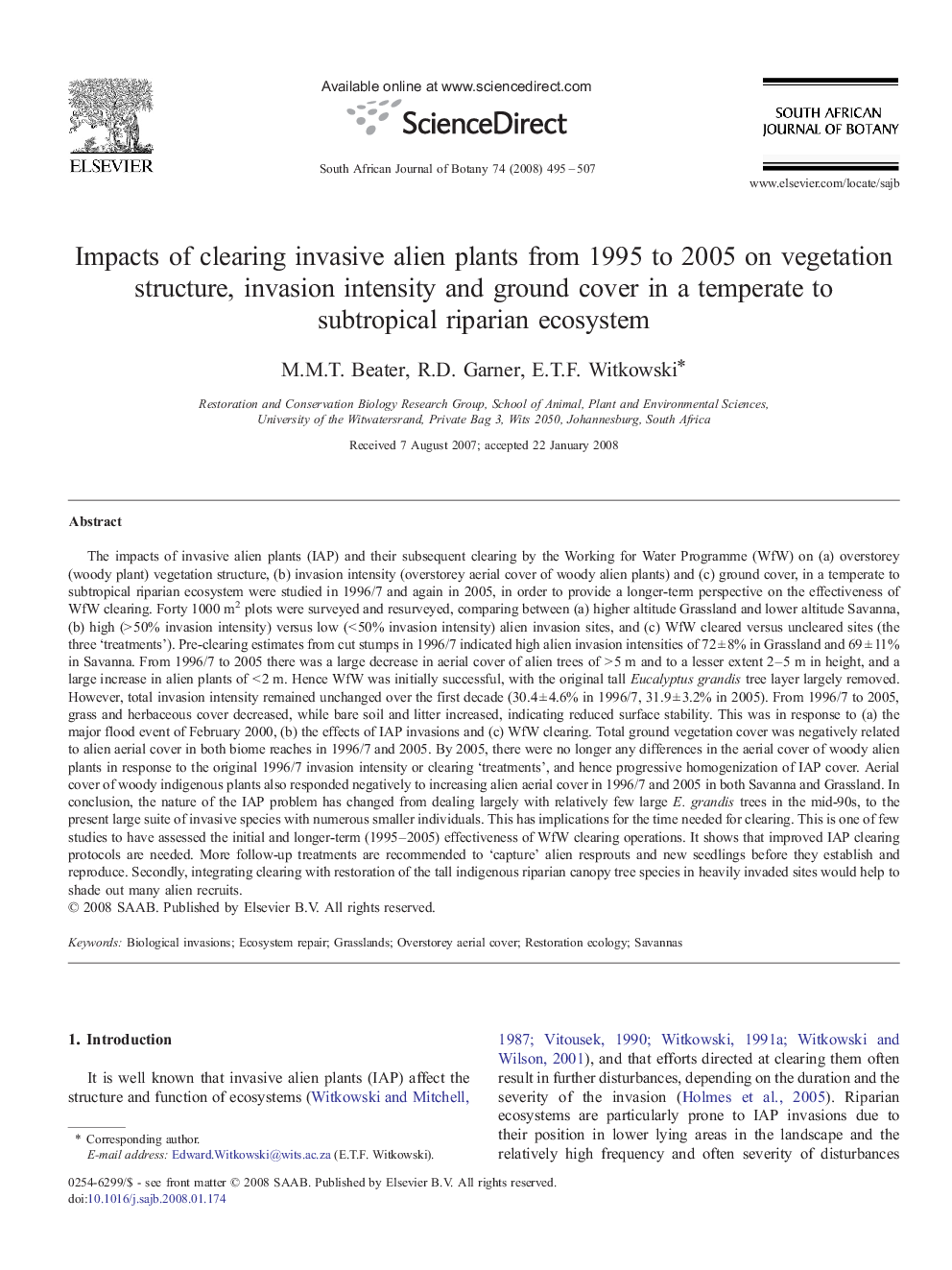 Impacts of clearing invasive alien plants from 1995 to 2005 on vegetation structure, invasion intensity and ground cover in a temperate to subtropical riparian ecosystem