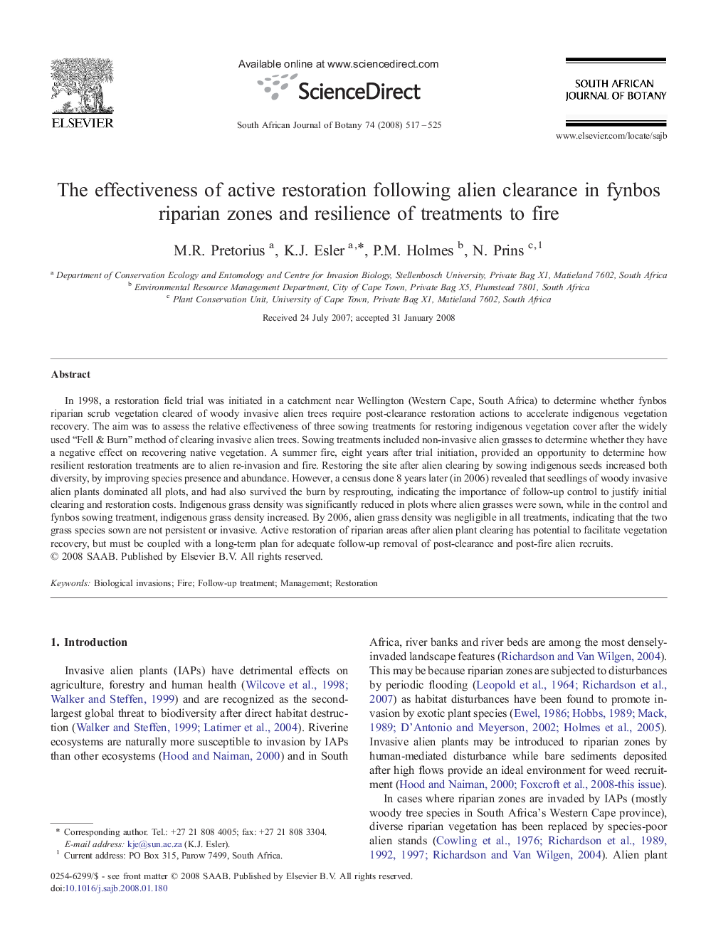 The effectiveness of active restoration following alien clearance in fynbos riparian zones and resilience of treatments to fire