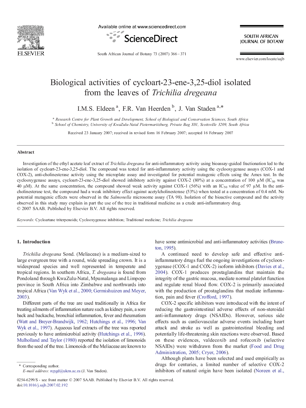 Biological activities of cycloart-23-ene-3,25-diol isolated from the leaves of Trichilia dregeana