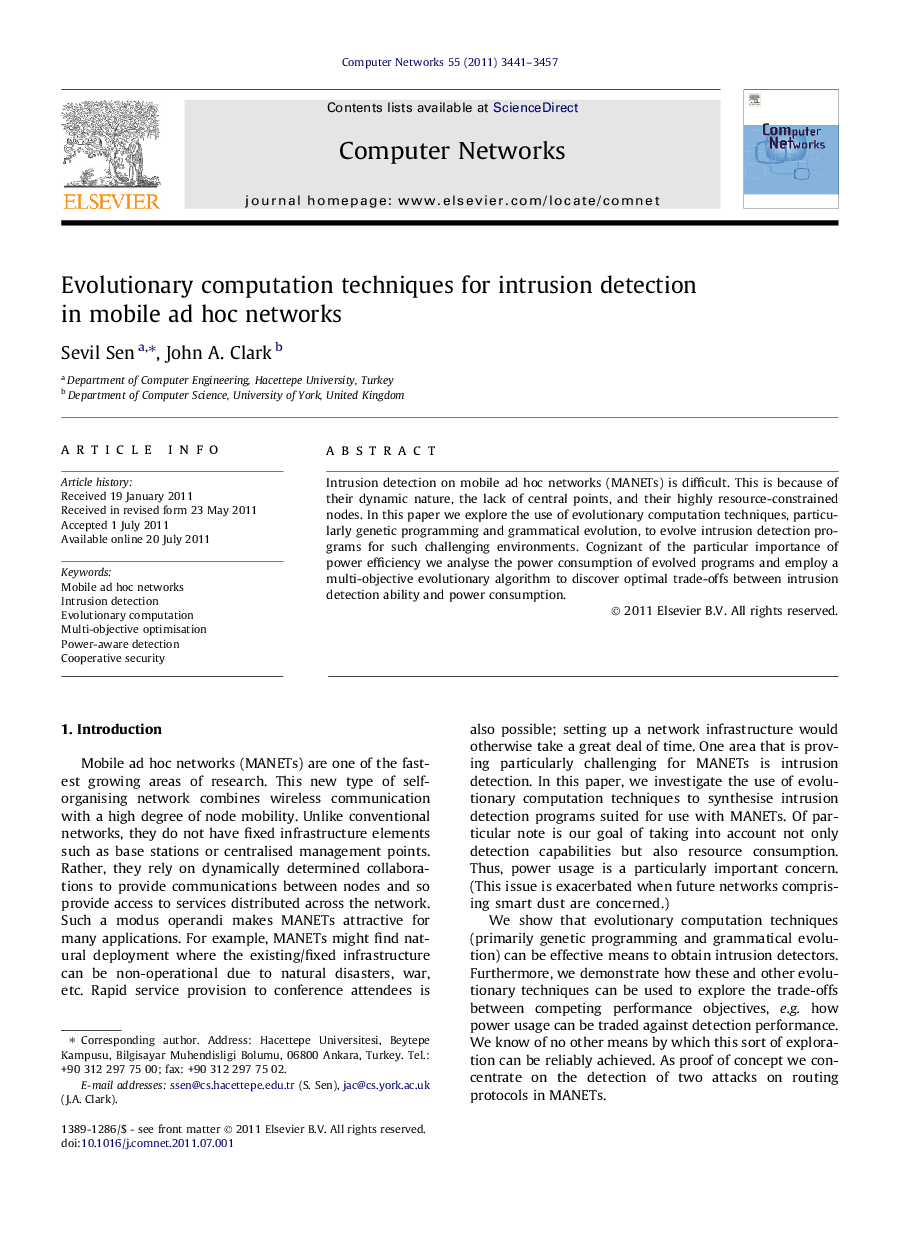 Evolutionary computation techniques for intrusion detection in mobile ad hoc networks