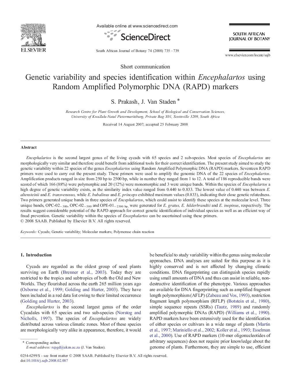 Genetic variability and species identification within Encephalartos using Random Amplified Polymorphic DNA (RAPD) markers