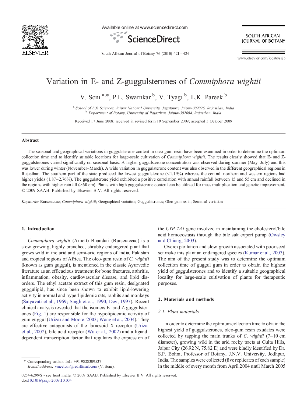 Variation in E- and Z-guggulsterones of Commiphora wightii