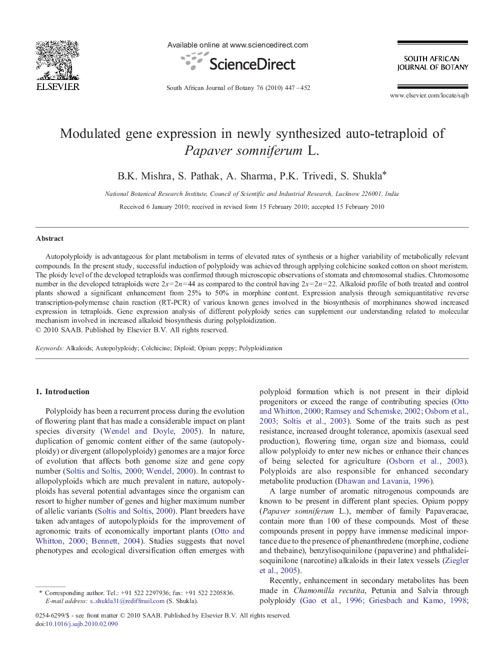 Modulated gene expression in newly synthesized auto-tetraploid of Papaver somniferum L.