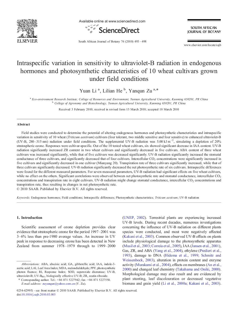 Intraspecific variation in sensitivity to ultraviolet-B radiation in endogenous hormones and photosynthetic characteristics of 10 wheat cultivars grown under field conditions