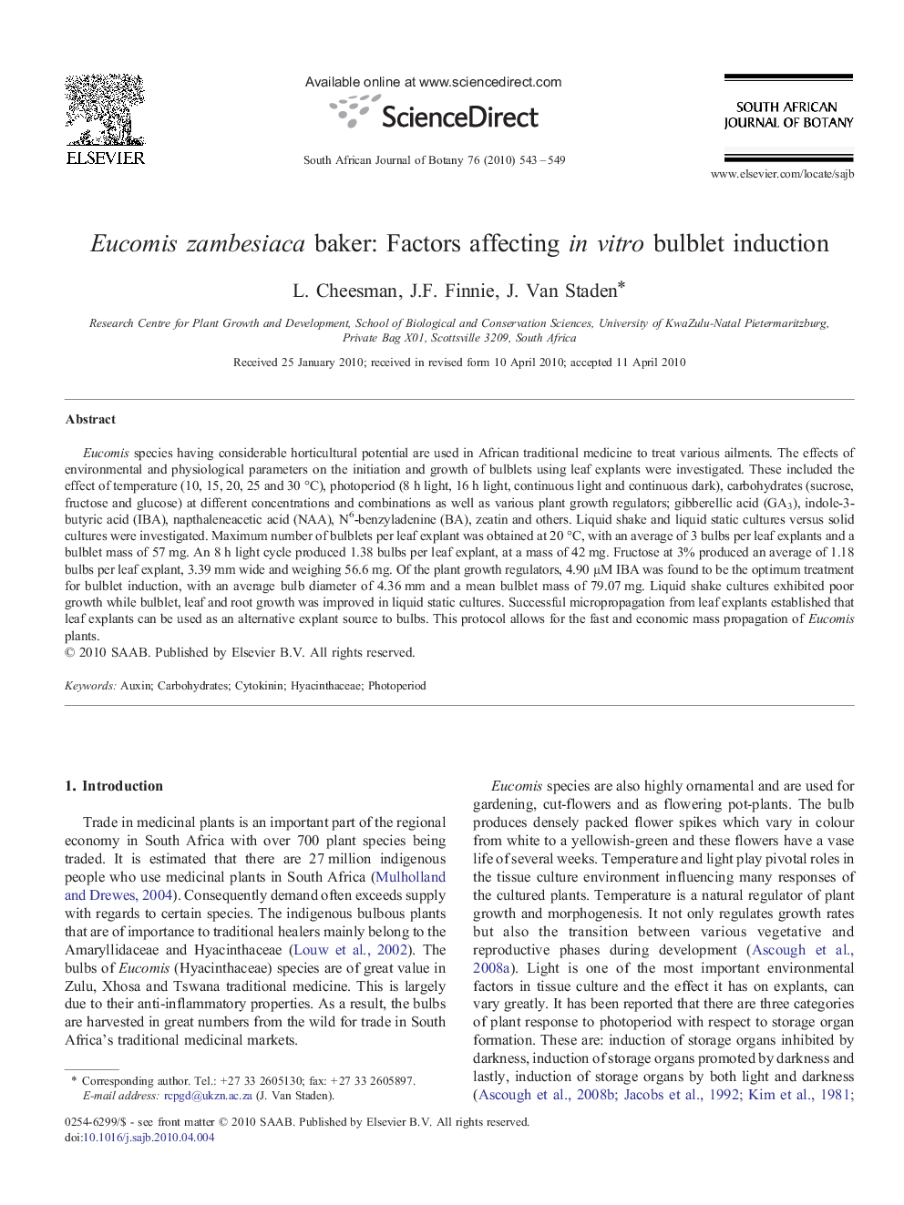 Eucomis zambesiaca baker: Factors affecting in vitro bulblet induction