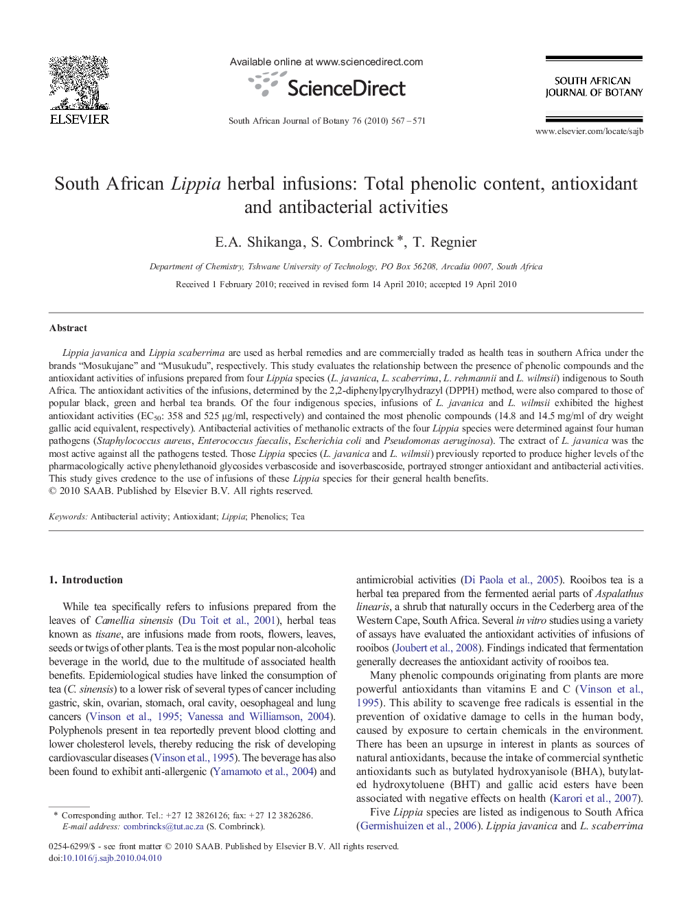 South African Lippia herbal infusions: Total phenolic content, antioxidant and antibacterial activities