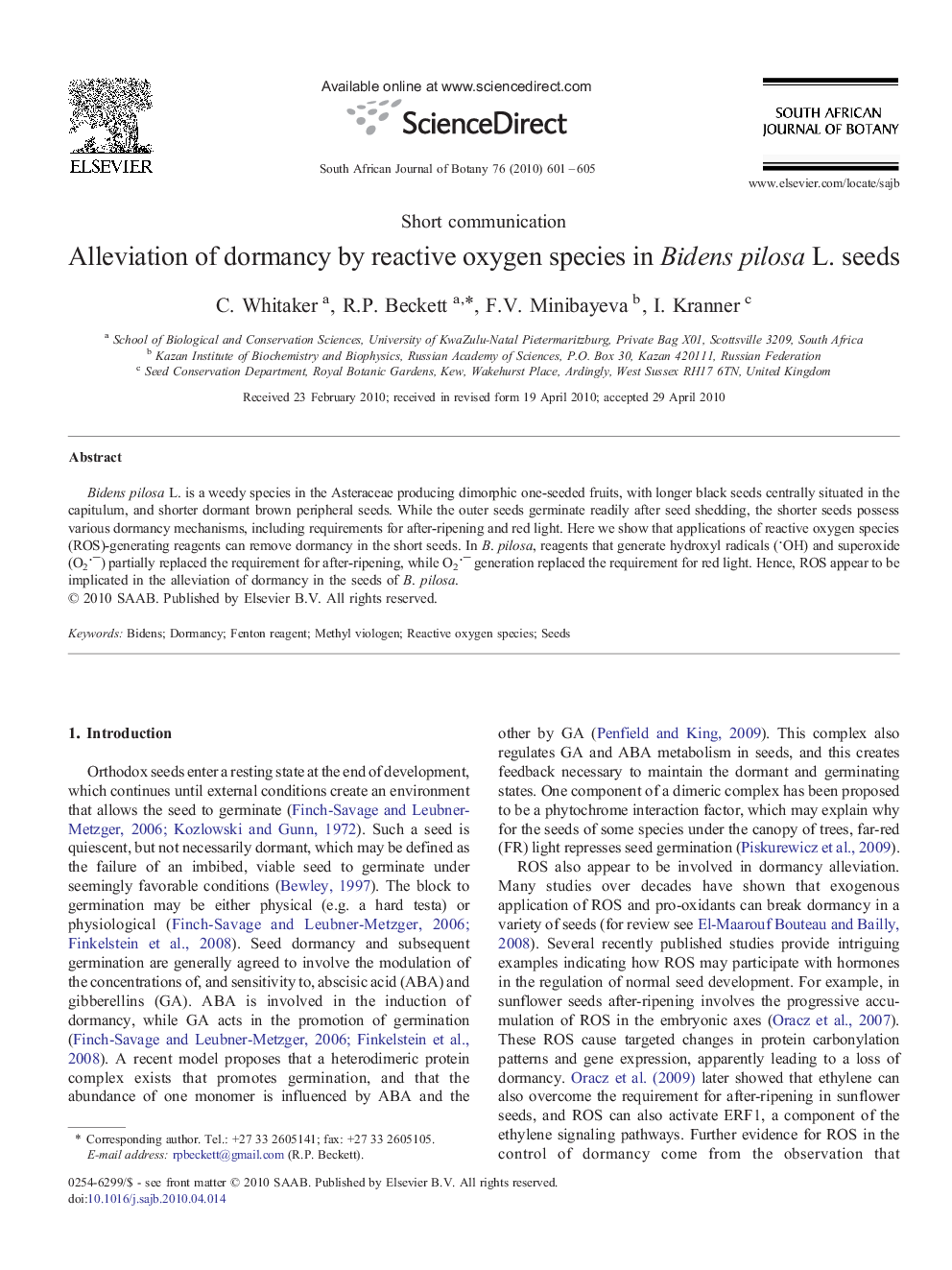 Alleviation of dormancy by reactive oxygen species in Bidens pilosa L. seeds