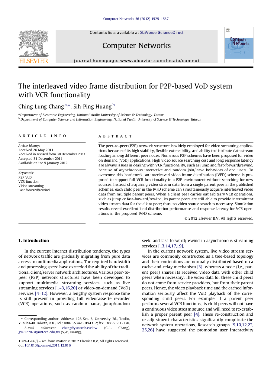 The interleaved video frame distribution for P2P-based VoD system with VCR functionality