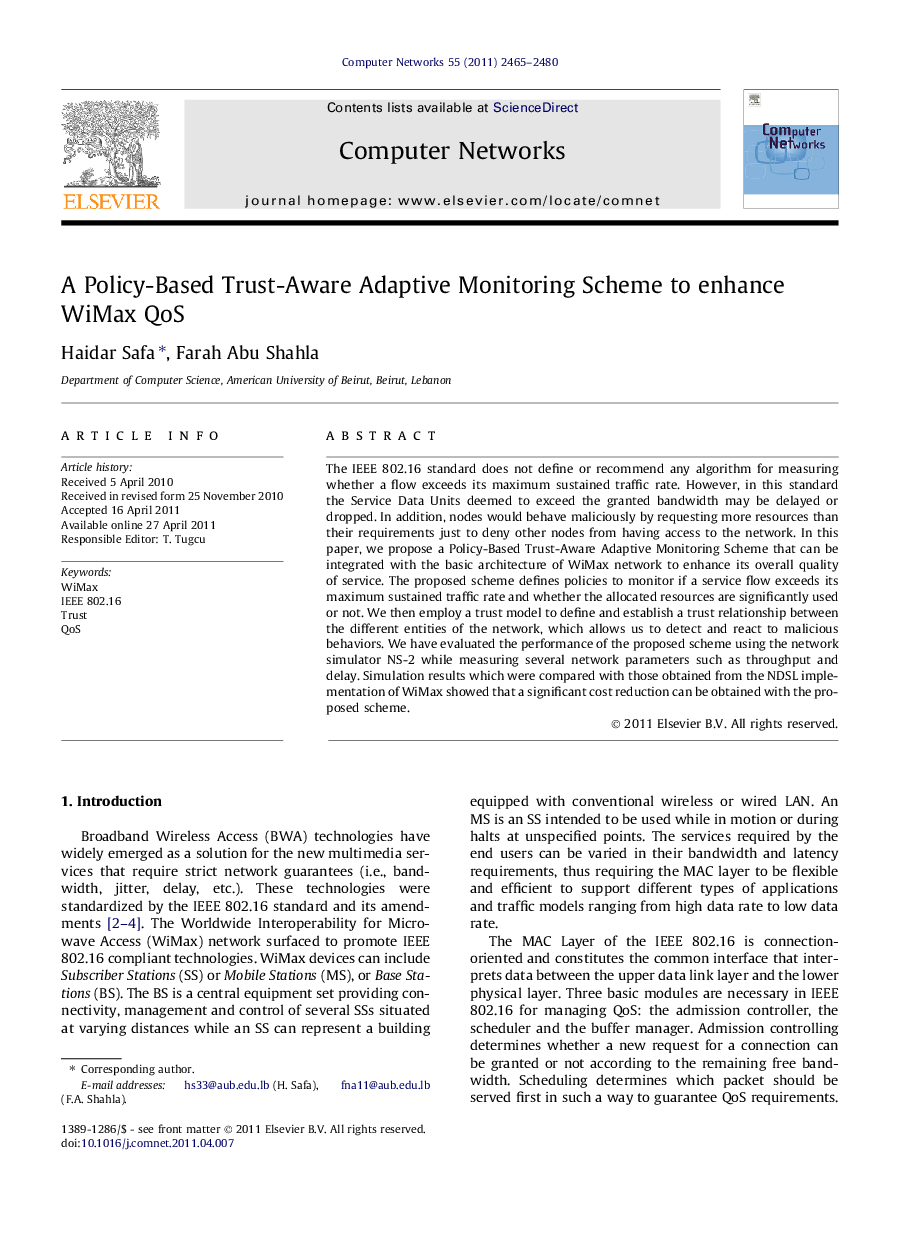 A Policy-Based Trust-Aware Adaptive Monitoring Scheme to enhance WiMax QoS