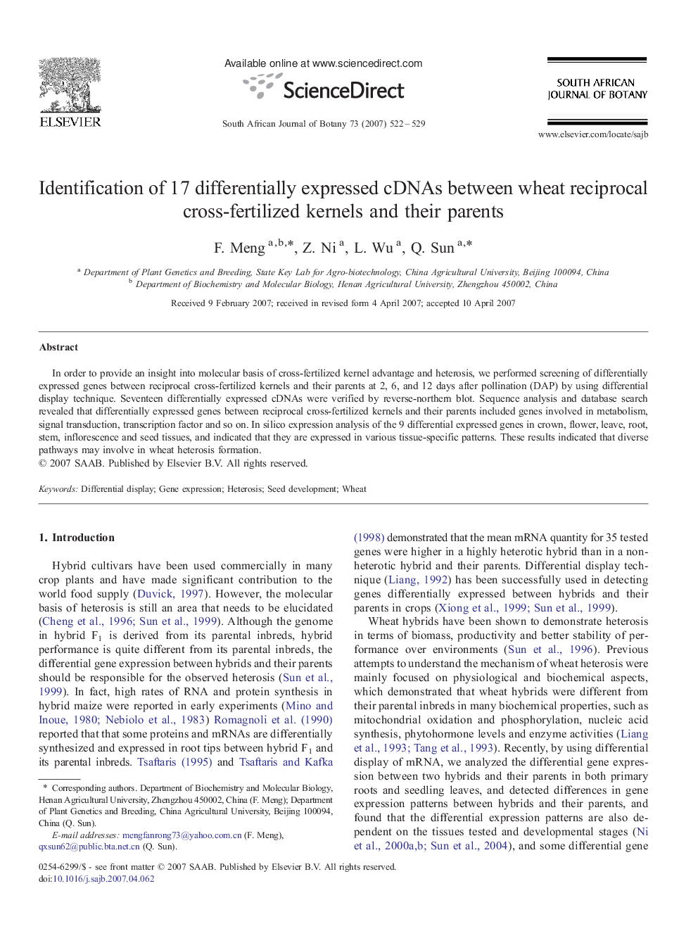 Identification of 17 differentially expressed cDNAs between wheat reciprocal cross-fertilized kernels and their parents