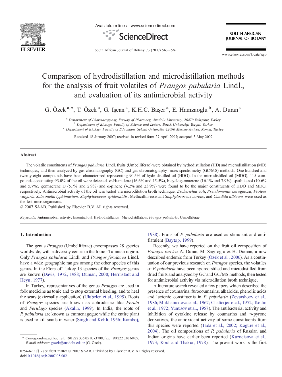 Comparison of hydrodistillation and microdistillation methods for the analysis of fruit volatiles of Prangos pabularia Lindl., and evaluation of its antimicrobial activity