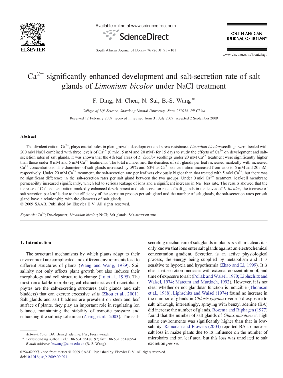 Ca2+ significantly enhanced development and salt-secretion rate of salt glands of Limonium bicolor under NaCl treatment